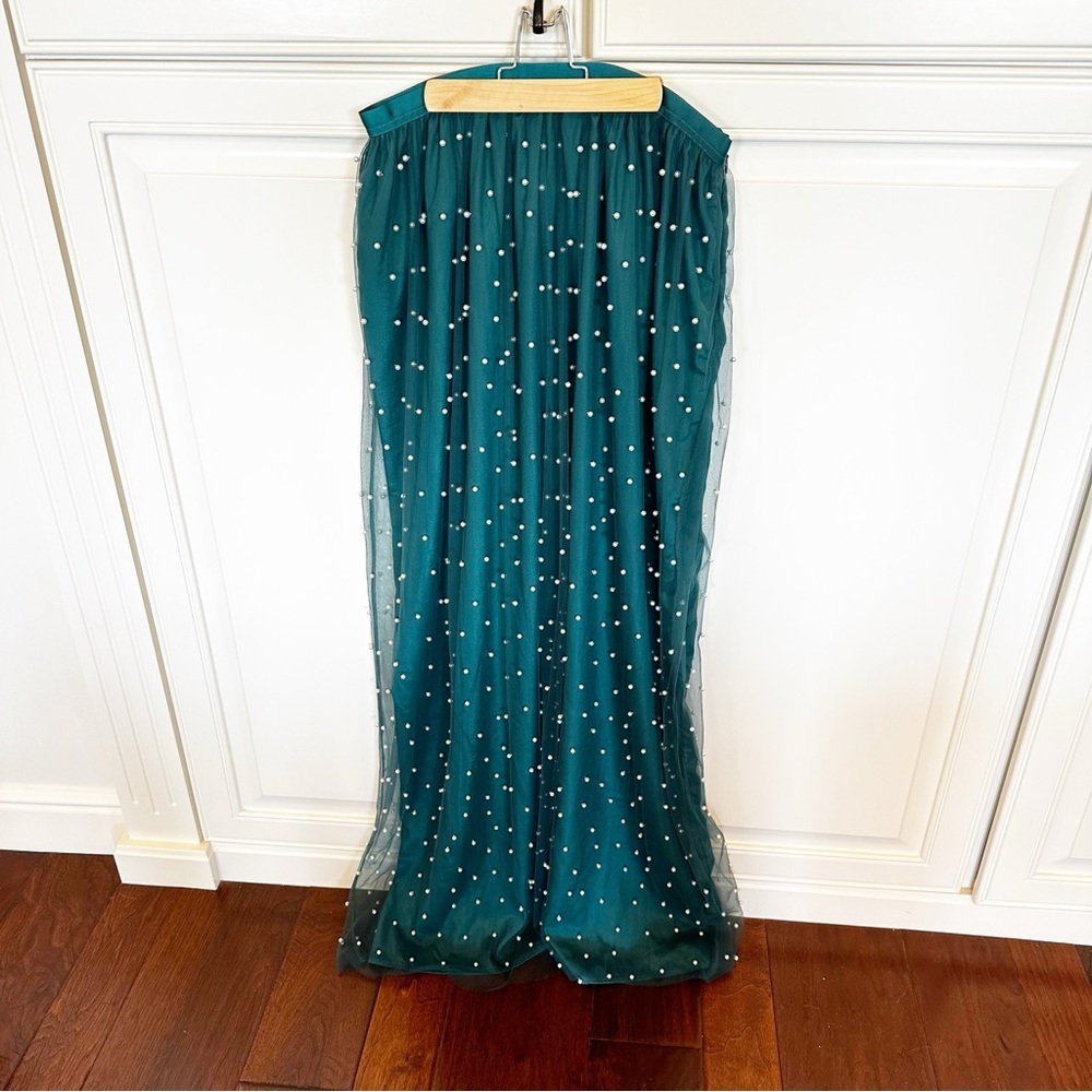ASOS Design Women’s Tall Faux Pearl Embellished Tulle Maxi Skirt Forest Green - Picture 14 of 14